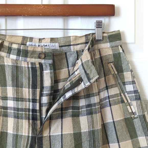 Kikomo 90's Vintage Plaid Linen Blend High Waisted Wide Leg Shorts Sage 13/14 - Picture 3 of 11